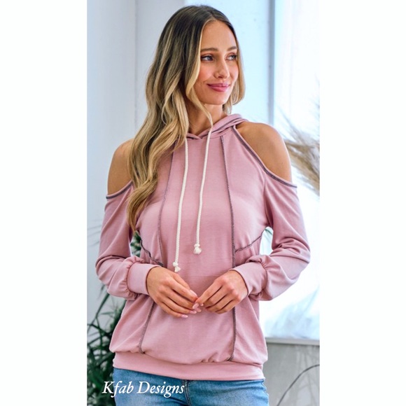❤️LAST 1! Soft Heather Rose Contrast Stitch French Terry Cold Shoulder Hoodie - Picture 5 of 7